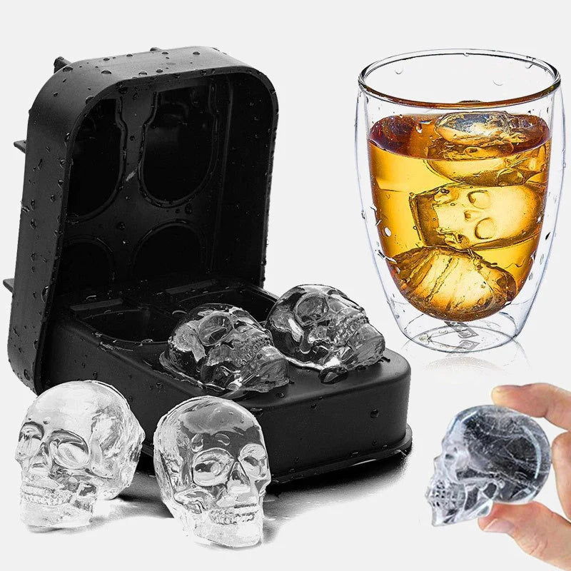 Large square black silicone ice cube mold with detailed skull design for unique beverages