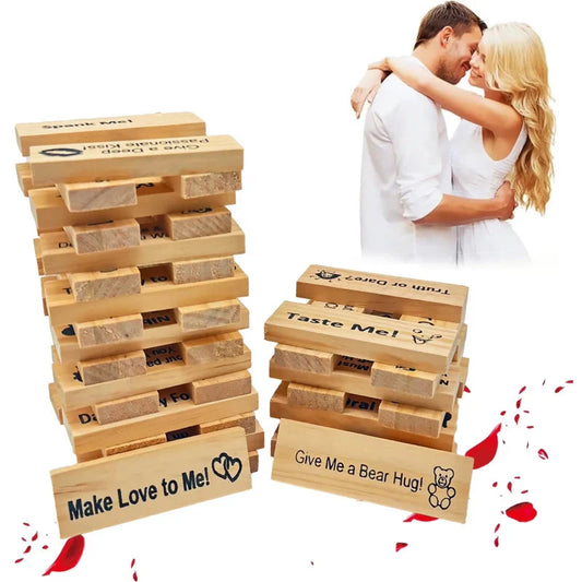Sustainable wooden block tower game for couples, perfect for Valentine's Day and date nights