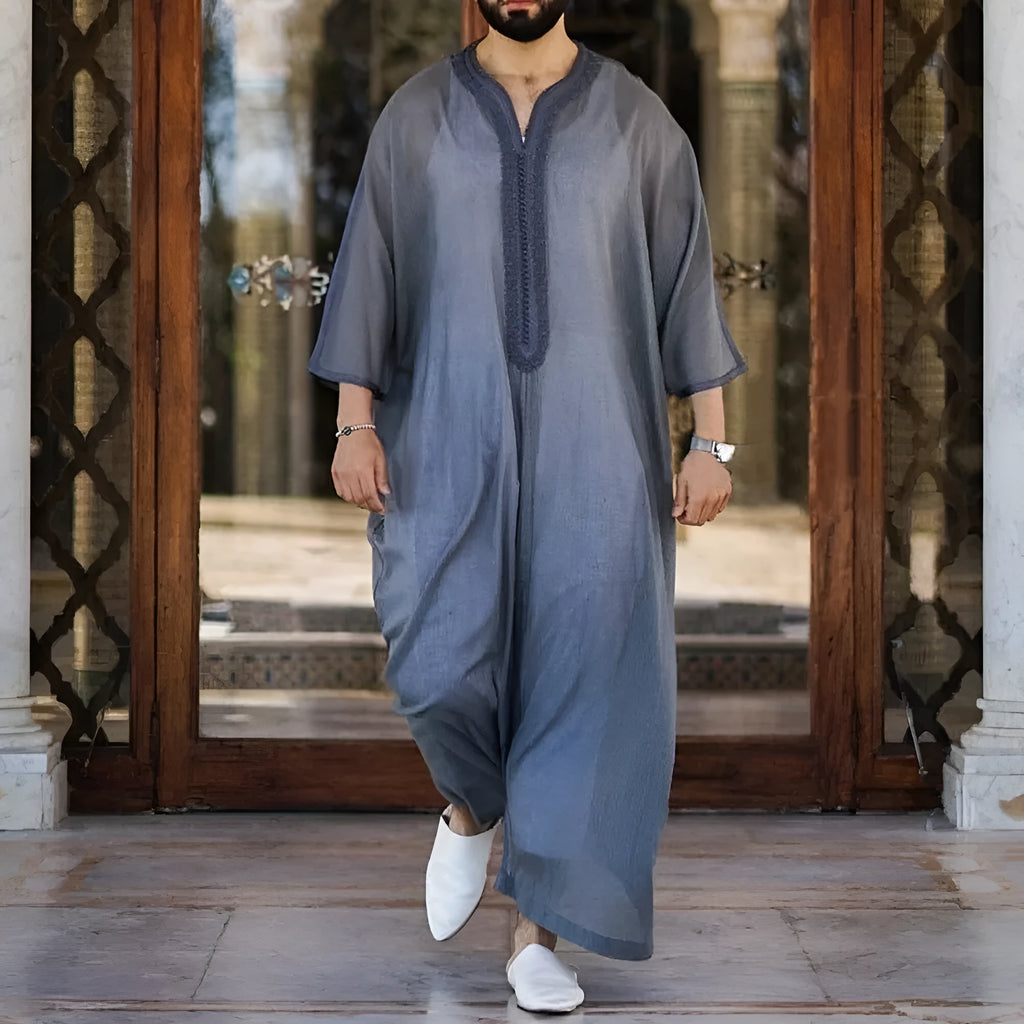 Mens grey linen cotton loose pullover Muslim robe on model