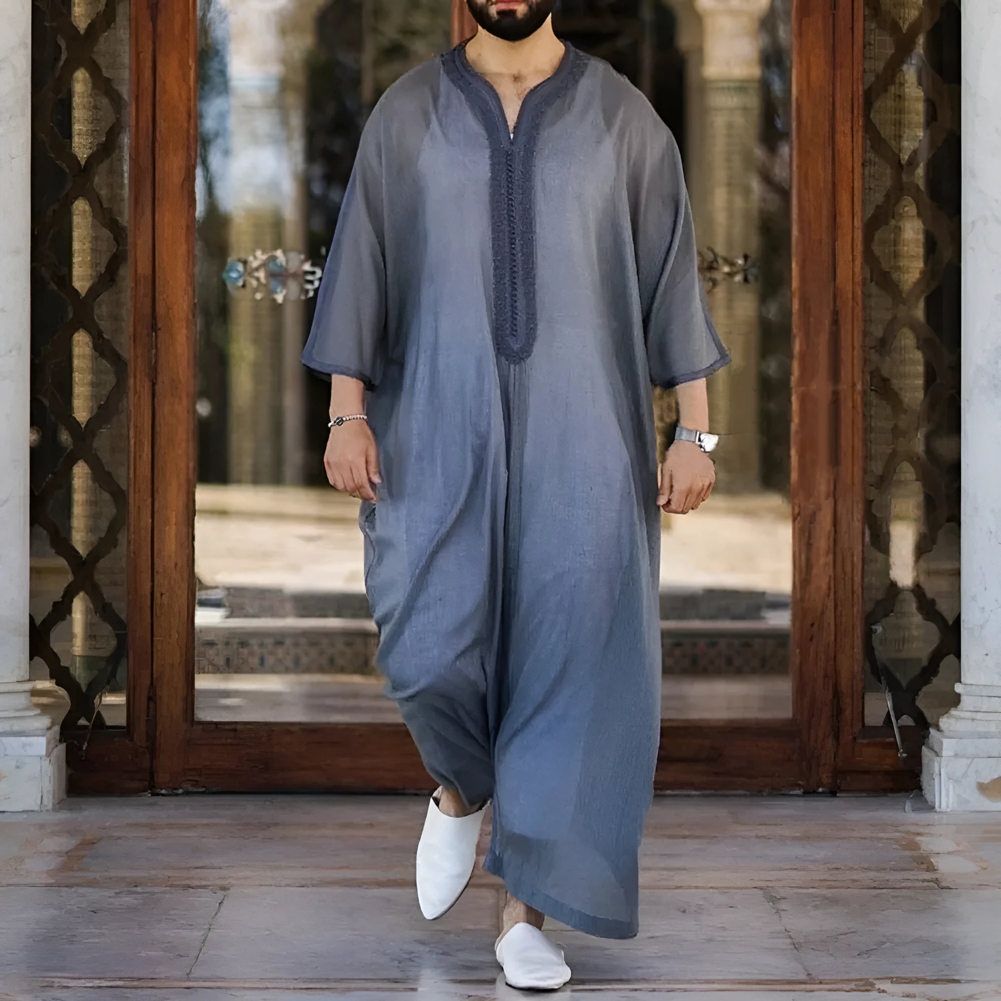 Mens grey linen cotton loose pullover Muslim robe on model