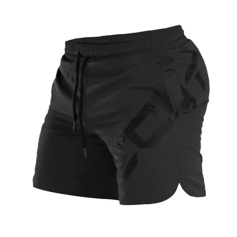 Men's black elastic nylon quick-dry running shorts on a mid-waist, knee-length model.