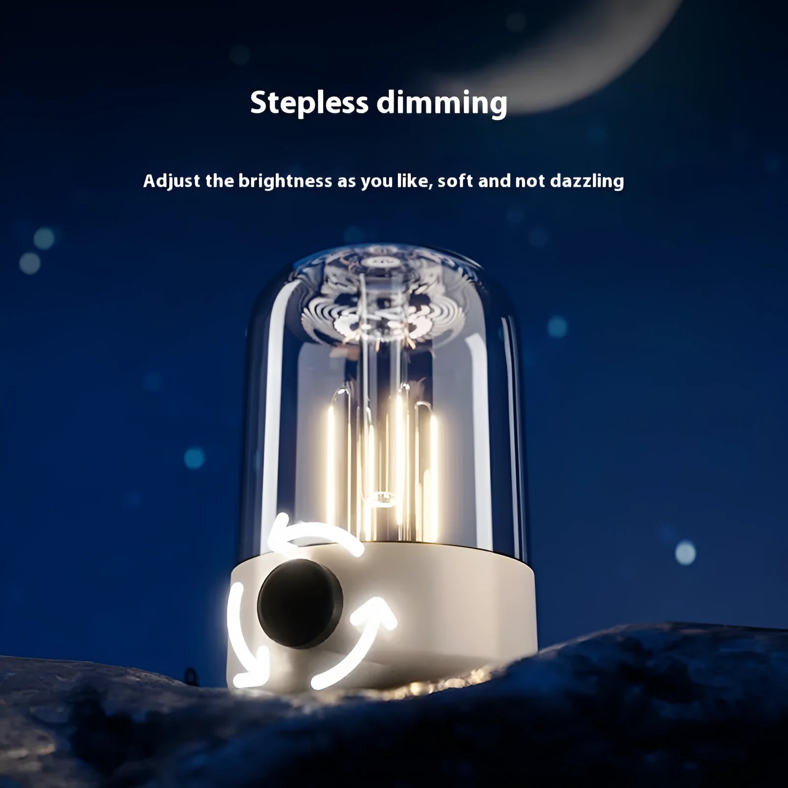 Beige and black camping LED light with USB output port and brightness control knob