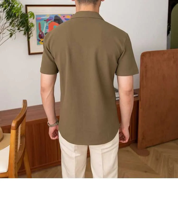 Small V-neck PU handsome casual top in slim-fit cardigan style available in black, green, and white
