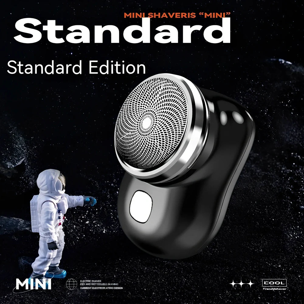 Compact electric mini shaver in cool silver with floating cutter head, 65.8 x 46 x 42mm size, rechargeable for 60+ minutes use