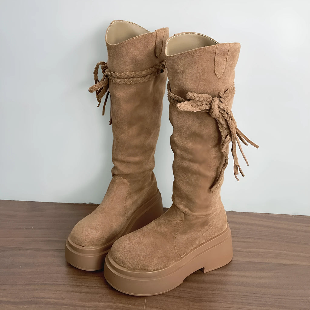 Brown retro fringe stacked boots for women with round toe and stacked heel