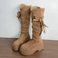 Brown retro fringe stacked boots for women with round toe and stacked heel