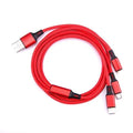 Red nylon woven three-in-one data cable with Lightning, Micro USB, and Type-C connectors on white background
