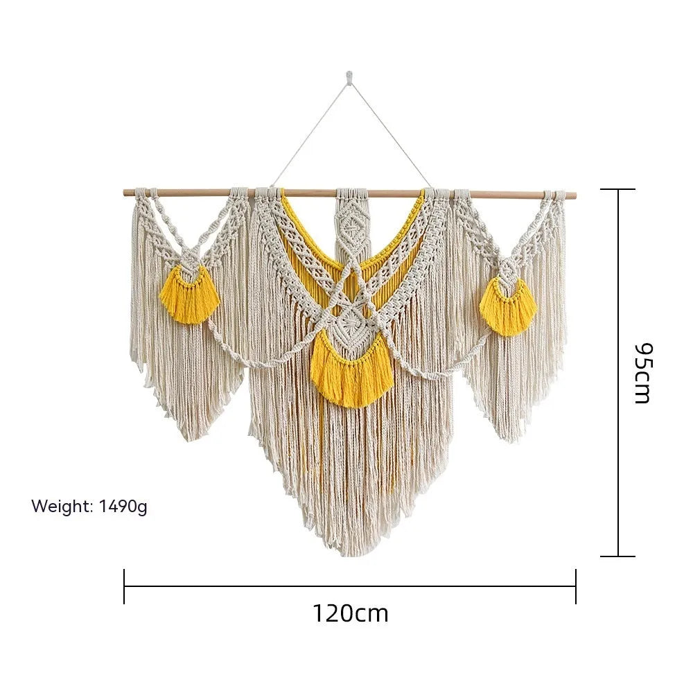 Nordic style hand-woven cotton tapestry wall hanging creamy-white yellow 120cm by 95cm rectangle