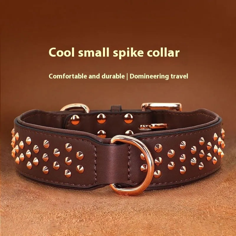 Leather dog collar with metal rivets in black, chocolate, or pink.