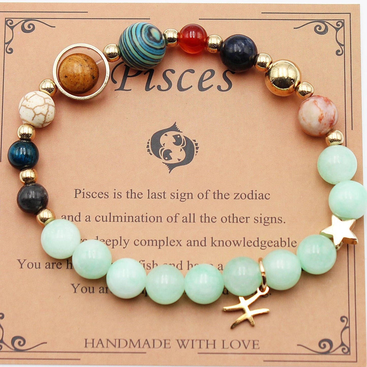 Morgan Stone beaded bracelet with twelve constellation designs, showcasing personalised zodiac signs.