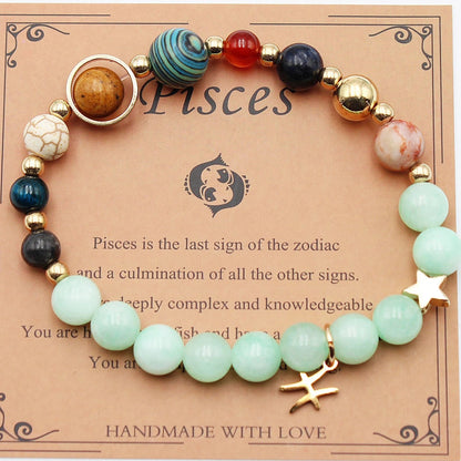 Morgan Stone beaded bracelet with twelve constellation designs, showcasing personalised zodiac signs.