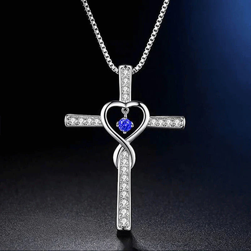 Christian Cross Birthstone Pendant Necklace with Zircon Heart in gold-plated finish
