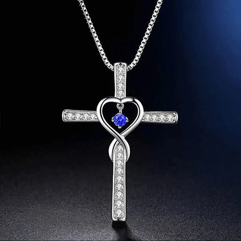 Christian Cross Birthstone Pendant Necklace with Zircon Heart in gold-plated finish