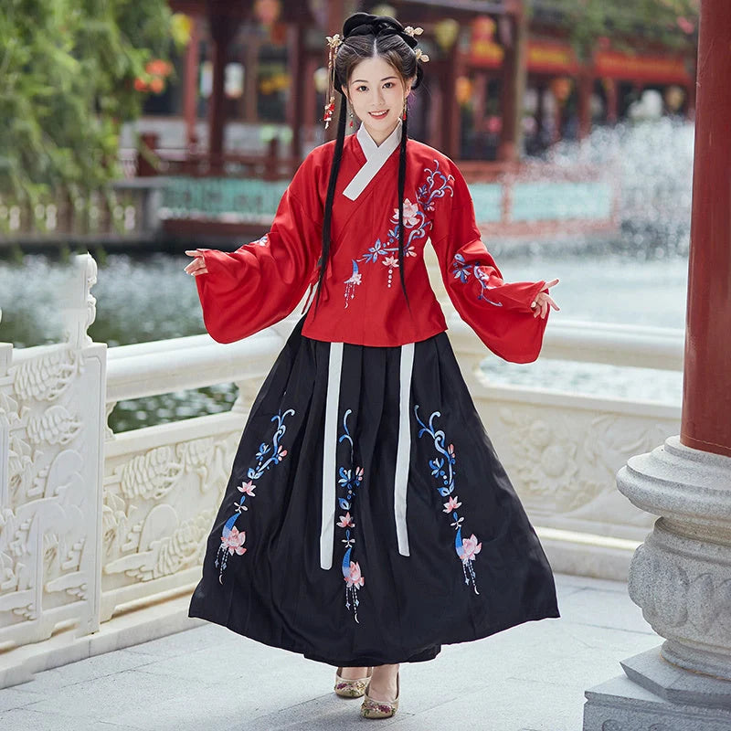 Traditional Hanfu Costume Set in Black Red and Water Blue, sizes XS to XL