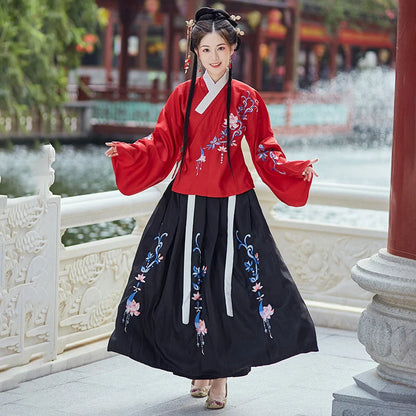 Traditional Hanfu Costume Set in Black Red and Water Blue, sizes XS to XL