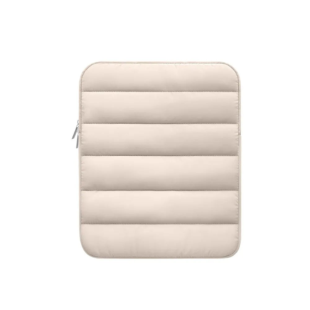Fluffy black laptop sleeve with air puff padding for a 9.7-11 inch tablet, showing elastic edges.