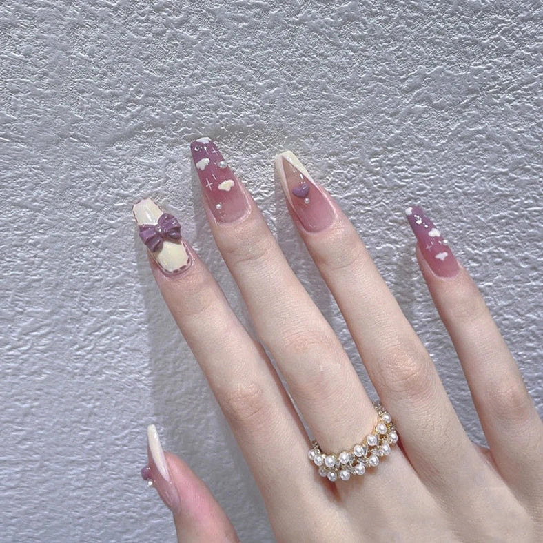 Taro purple gradient nebula flower nail stickers with milk flavor texture on jelly glue tabs