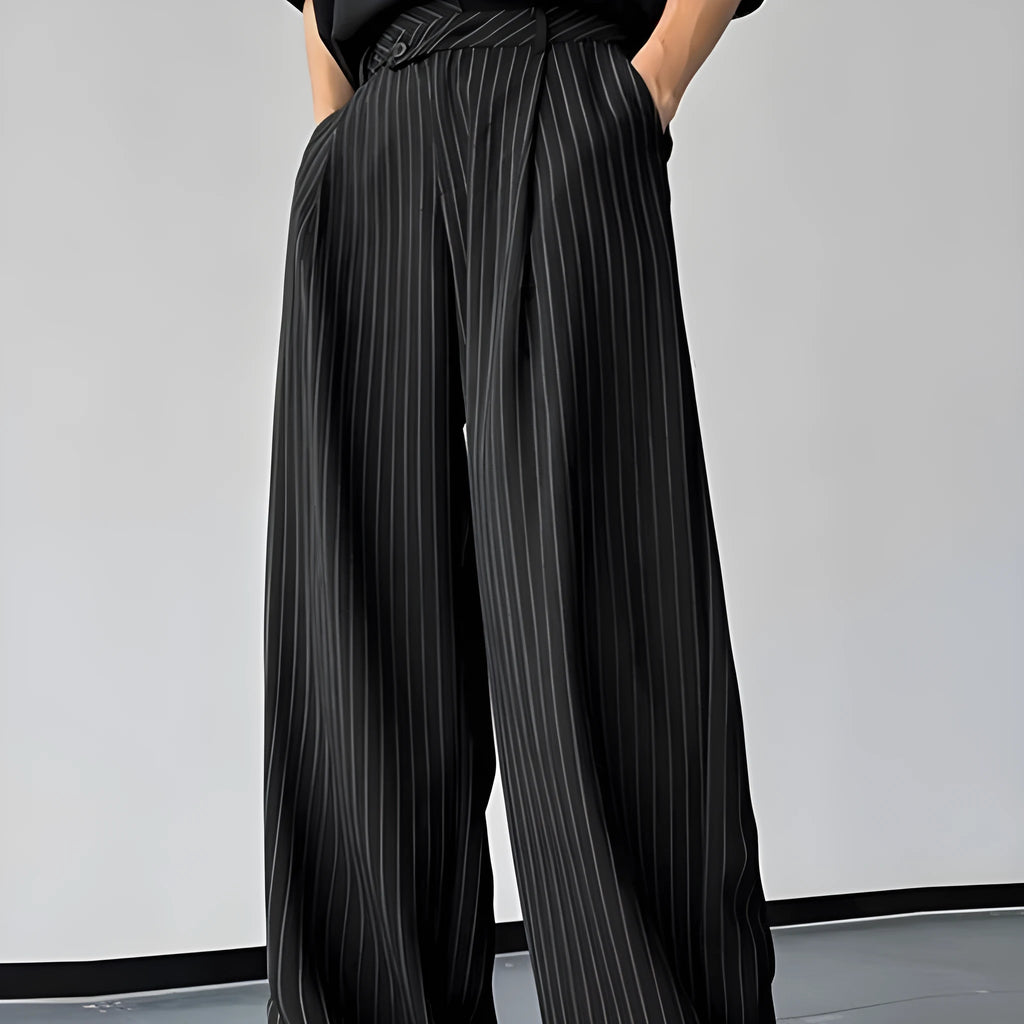 Men's black vertical striped pleated casual trousers with elastic rabbit hair bamboo blend fabric