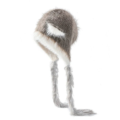 Cat ears mink wool knitted hat in white with tassel detail, 29x23cm dimensions