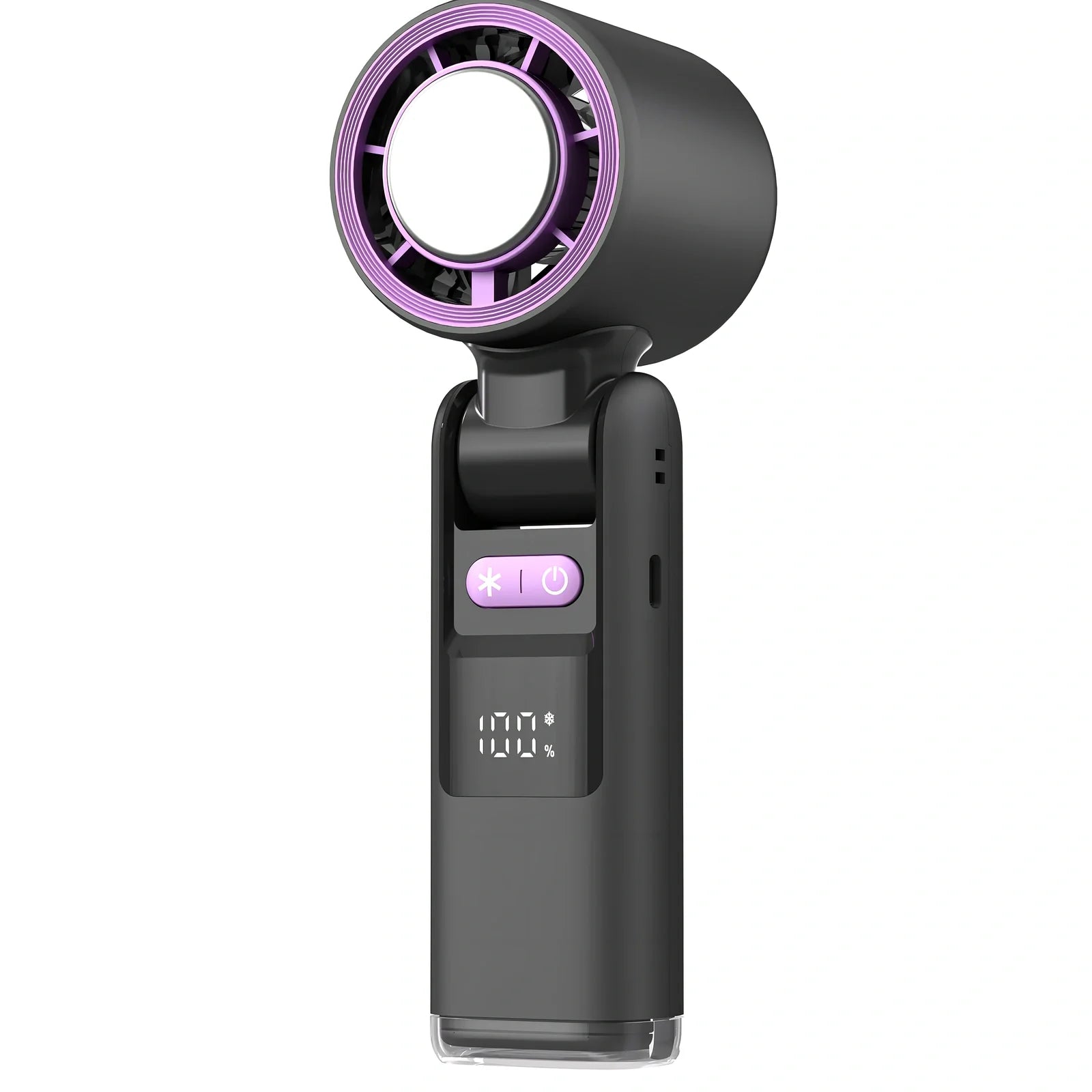 White USB-powered mini turbos fan folded 180° showing digital display and plastic blades, 63x57x176mm for portable camping cooling