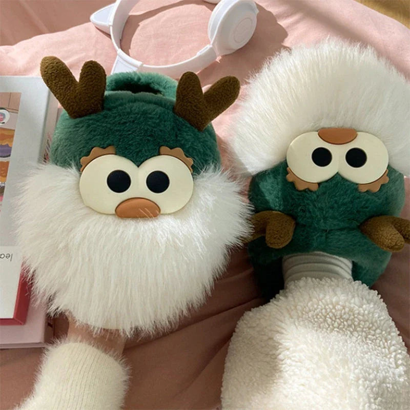 Cozy plush Christmas deer-themed slippers with soft material and durable sole for comfortable indoor wear