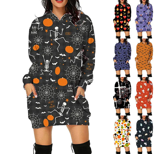 Stylish women's Halloween hoodie with a unique printed design and convenient front pockets
