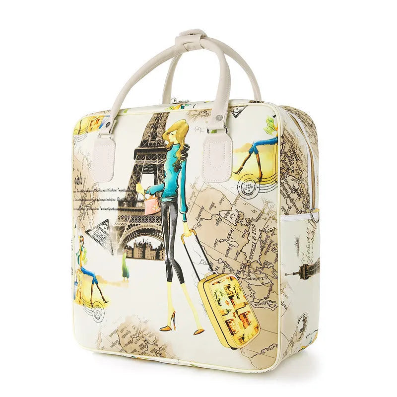 Medium blue college style waterproof travel bag with PU leather exterior and decorative splicing design