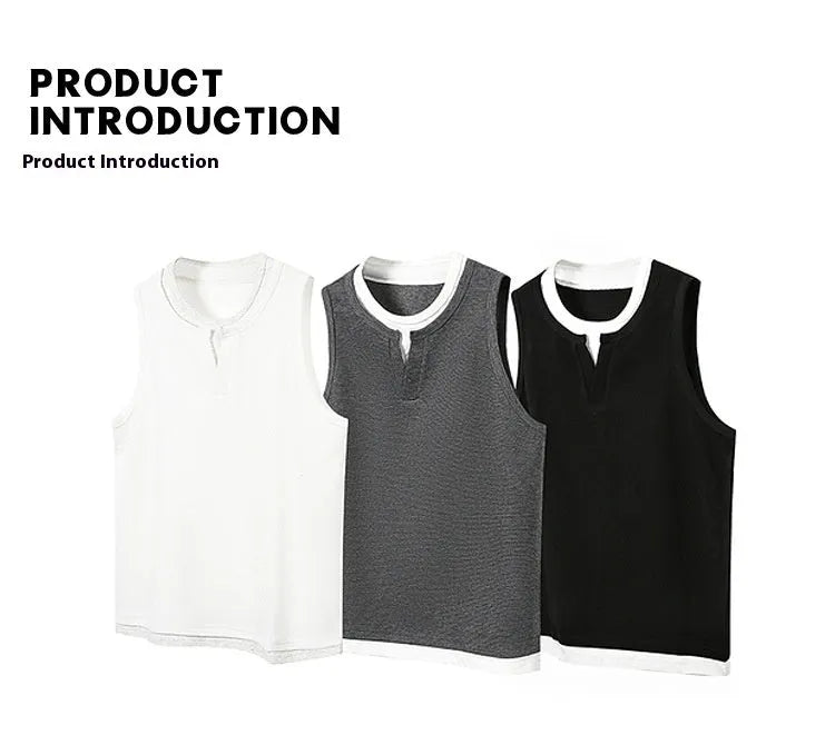 Loose cotton sports vest in black with straight hem, front view, summer fashion brand