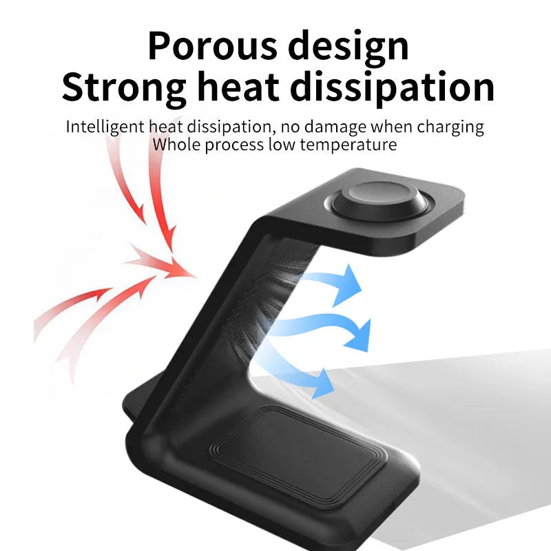 White 3-in-1 upright wireless charging stand holding a mobile phone at an angle