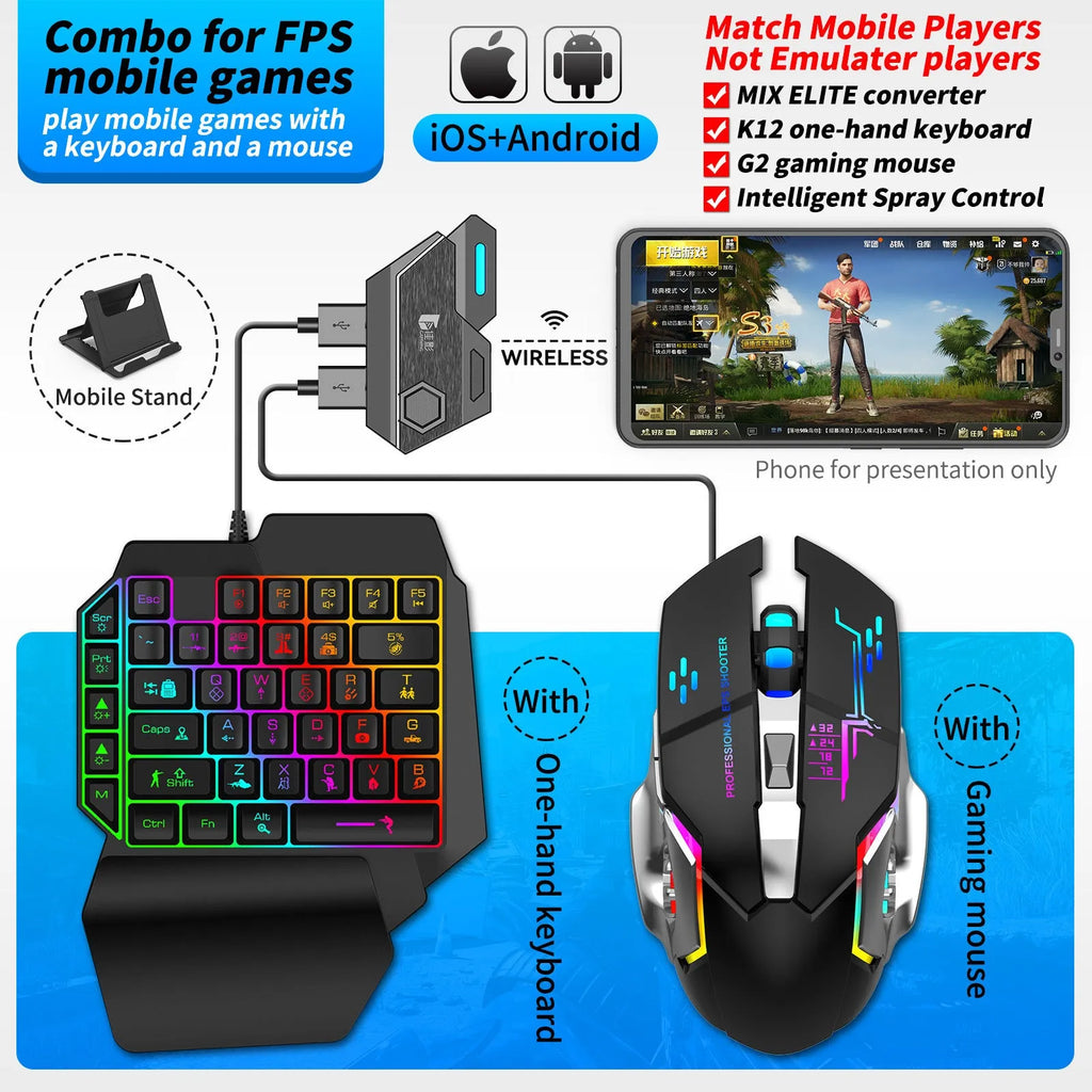 Gaming keyboard and mouse converter for mobile phones with USB cable and ABS case.