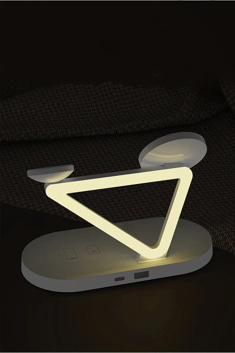 Black 3-in-1 wireless charging station for phone, Apple Watch and Airpods on a desk