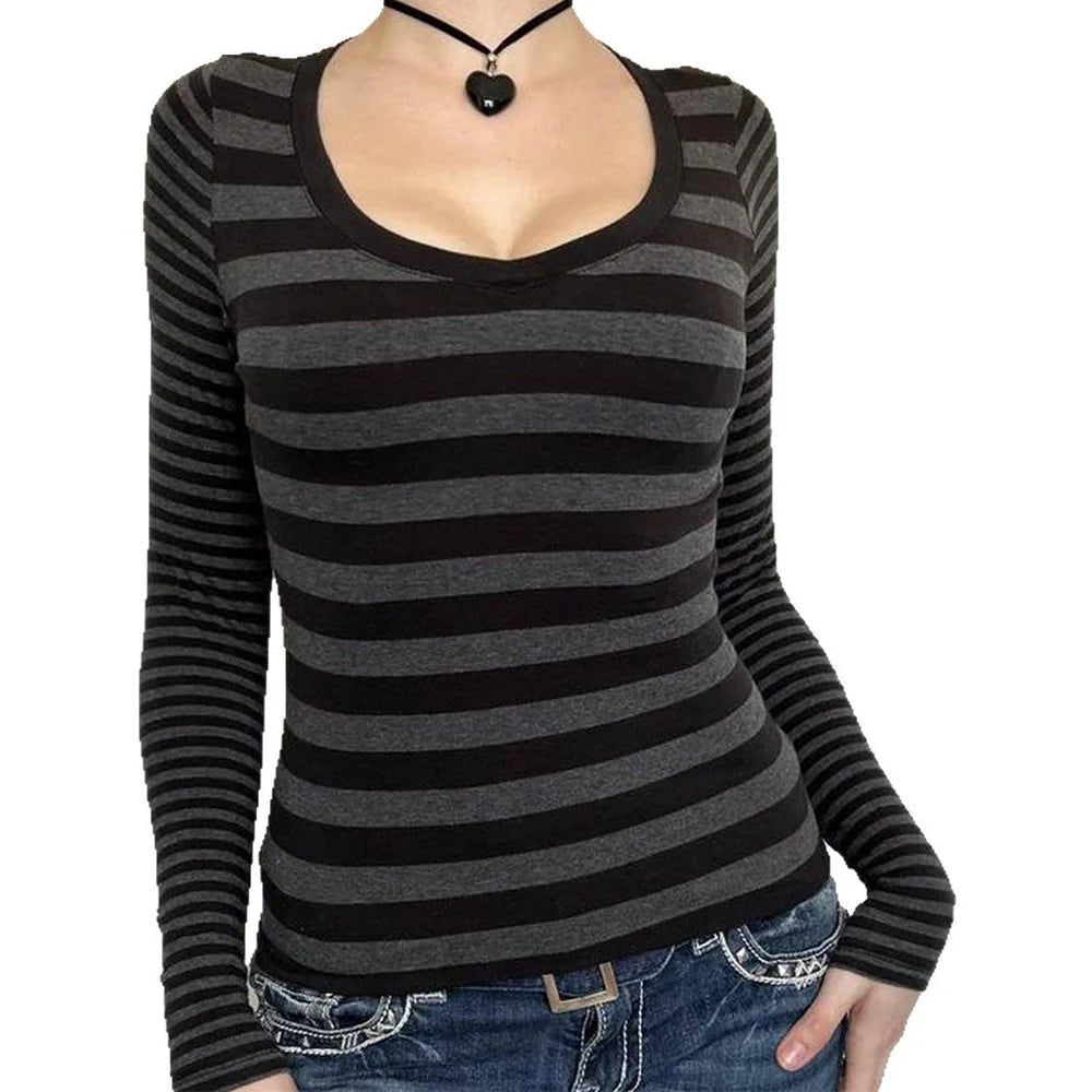 Black and grey striped women's long sleeve sweater t-shirt with slim fit European styling