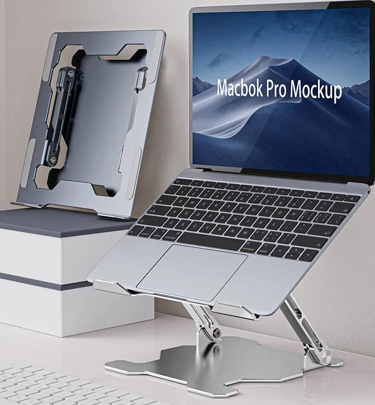Grey aluminium laptop stand with adjustable angle, shown folded and unfolded next to a laptop.