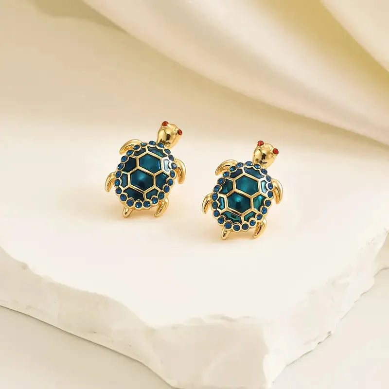 Turtle stud earrings retro design electroplated zinc alloy jewellery gold blue colour earrings for women
