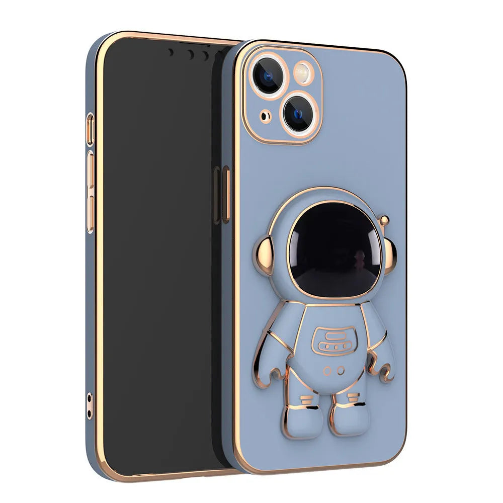 3D astronaut TPU phone case with electroplating bracket in light cyan for iPhone