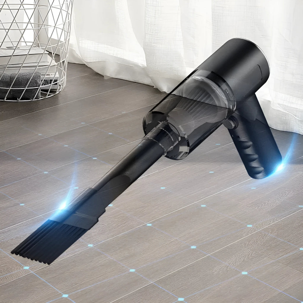 Black handheld wireless car vacuum cleaner with USB charging port