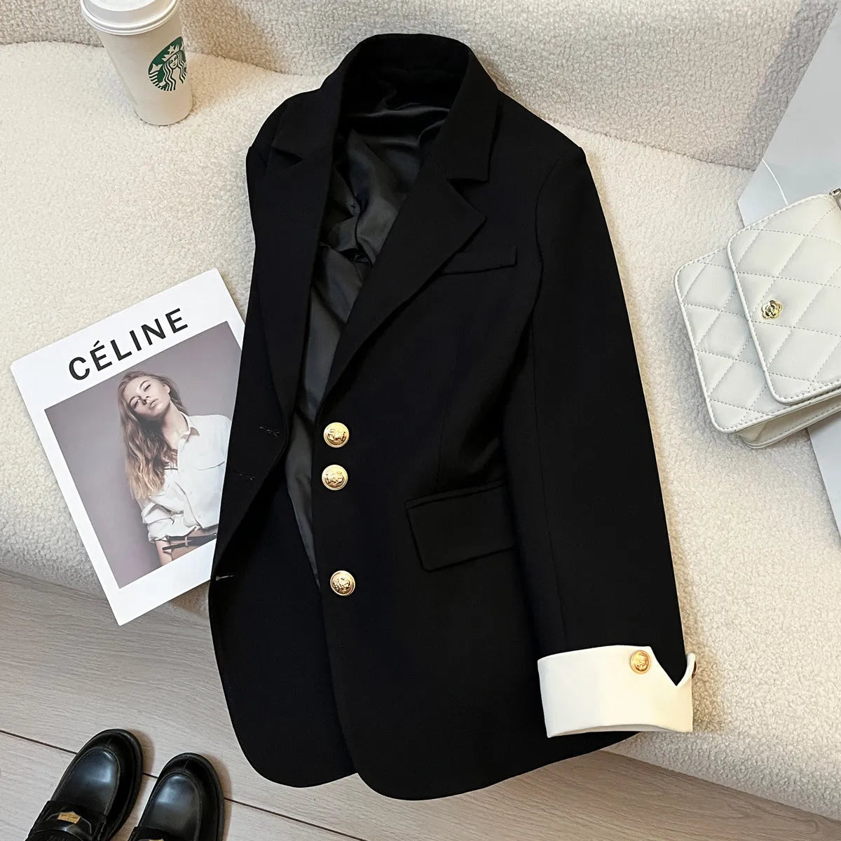 Korean-style women's loose fit coat in milky white colour with pockets