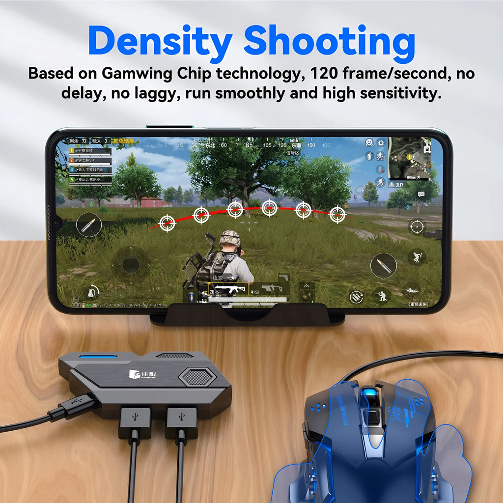 Gaming keyboard and mouse converter for mobile phones with USB cable and ABS case.