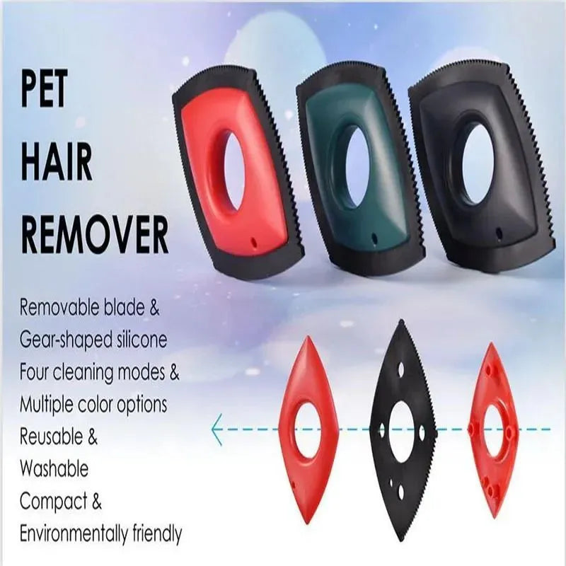 Silicone pet hair remover brush tool for carpets and sofas in black, green, and red colour options.