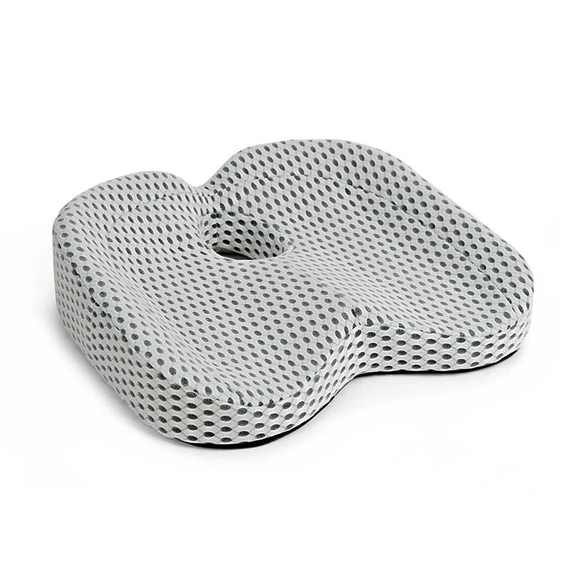 Slow Rebound Memory Foam Car Seat Cushion in white and grey, featuring breathable corrugated mesh fabric