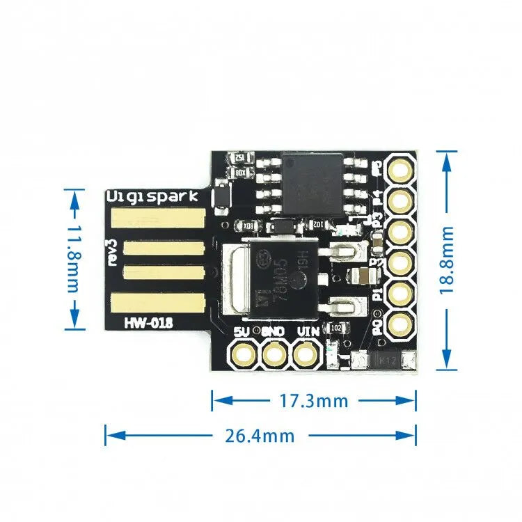 Black Micro USB development board with USB port, I/O pins, and power LED for Arduino IDE