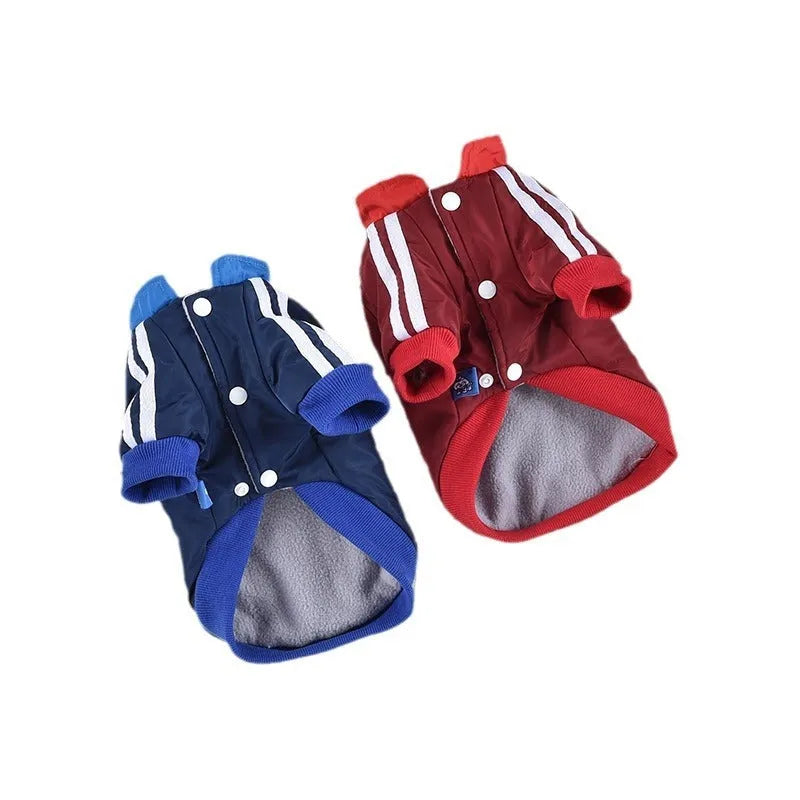 Red cotton dog coat with V-shaped front splicing design on a pet