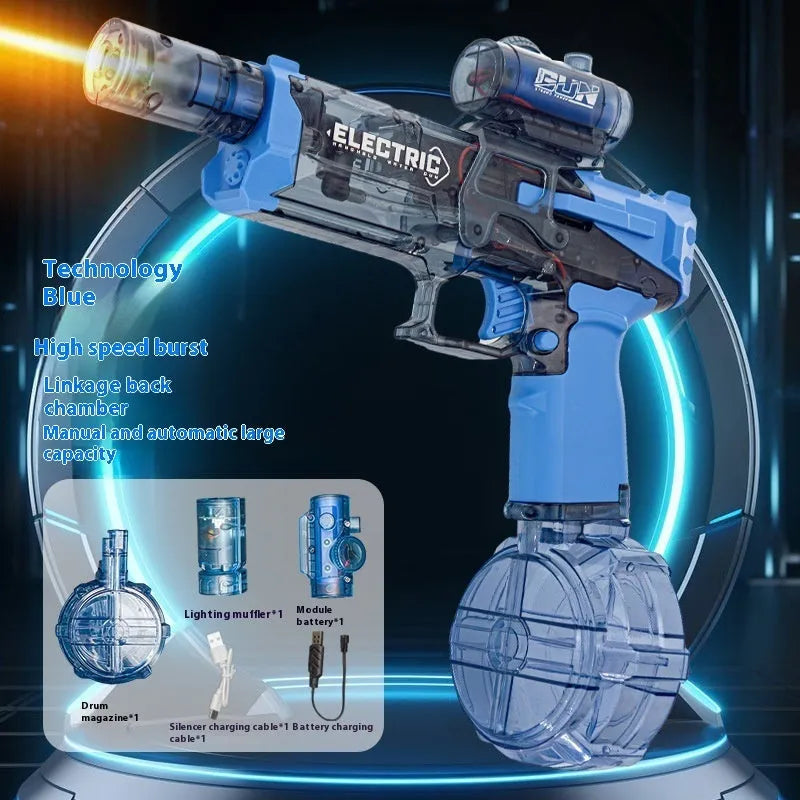 Electric water pistol toy with LED lights in black, blue and red colour options