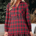 Red plaid check mini dress with shirt collar and ruffle hem detail
