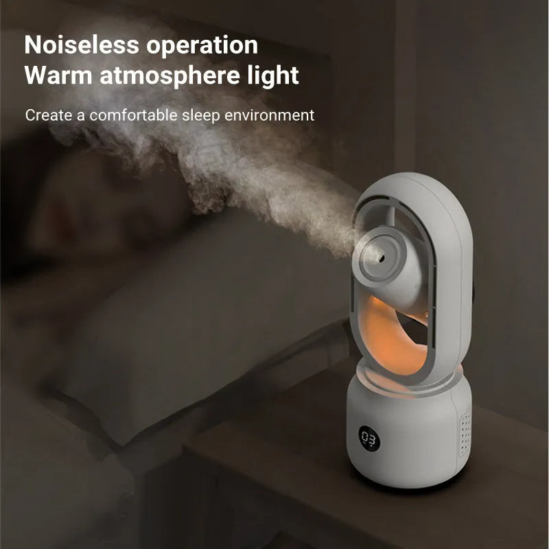White bladeless table fan with humidifier tank on a wooden desk