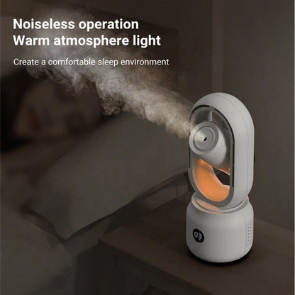 Portable bladeless fan with integrated humidifier, providing a refreshing mist and cooling breeze for indoor and outdoor use