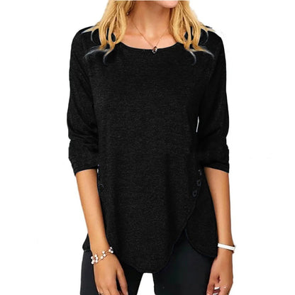 Irregular Button Hem Long Sleeved Round Neck Oversized Cotton T-shirt in black, green, and blue