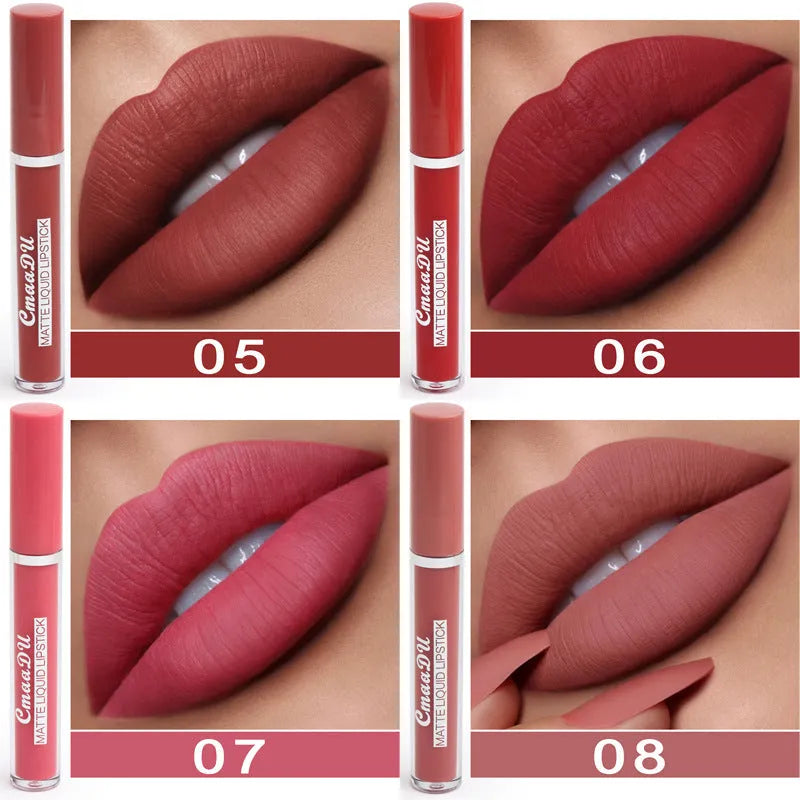 Set of 10 women's matte finish lipsticks in a flat case with assorted colours, showcasing non-stick cup waterproof design.