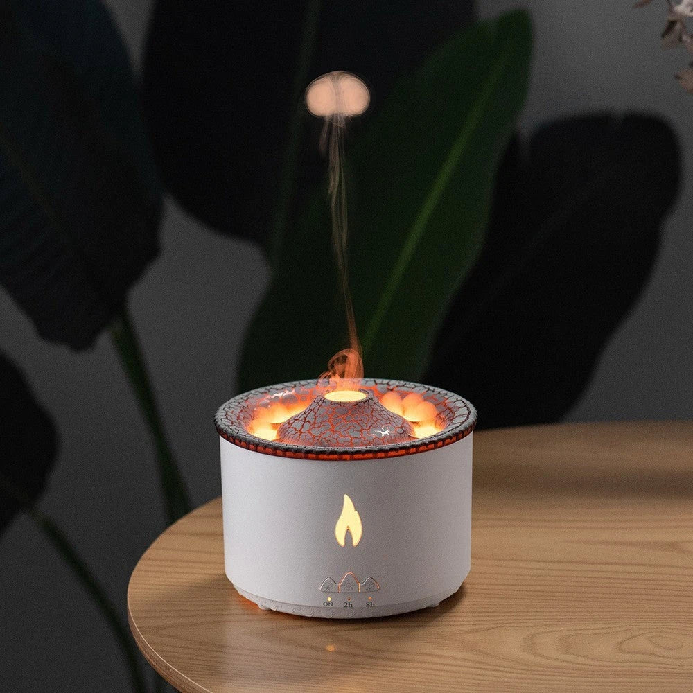 Ultrasonic essential oil diffuser with realistic flame and jellyfish smoke effects for calming ambiance