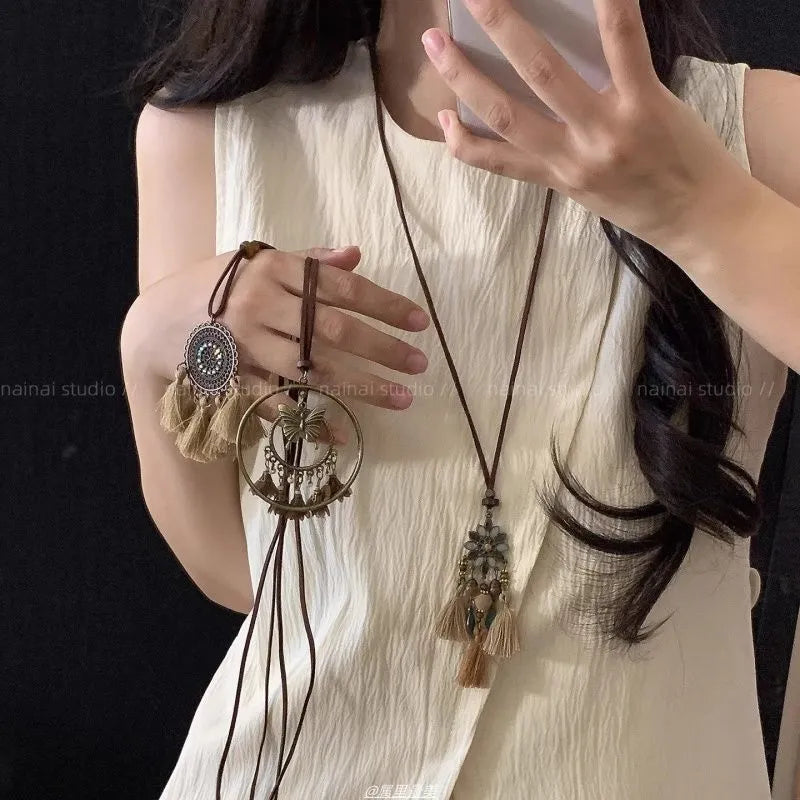 Retro ethnic style tassel long pendant necklace with copper alloy and acrylic in dreamcatcher colour